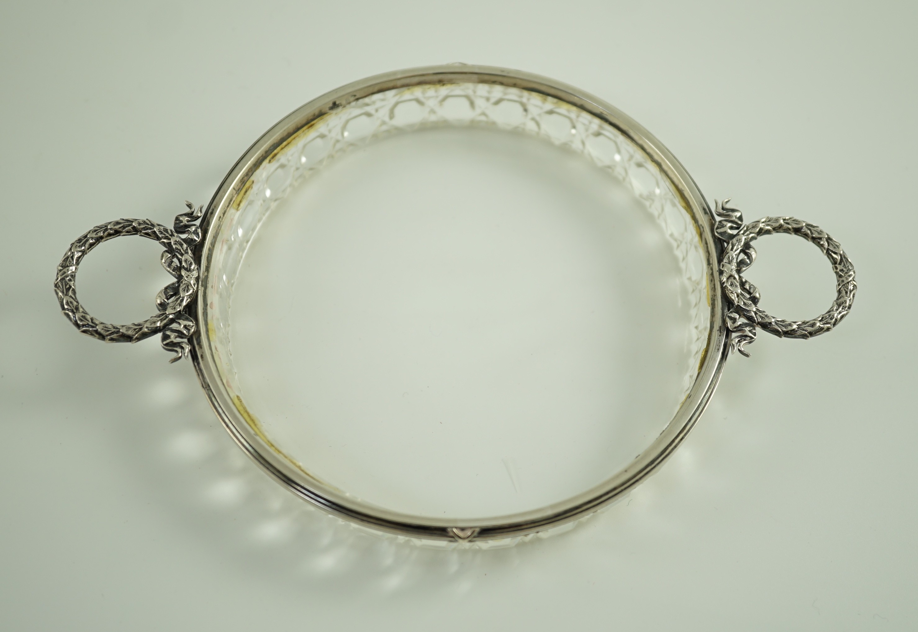 A late 19th/early 20th century Russian 84 zolotnik silver mounted cut glass two handled shallow dish, by Carl Fabergé
